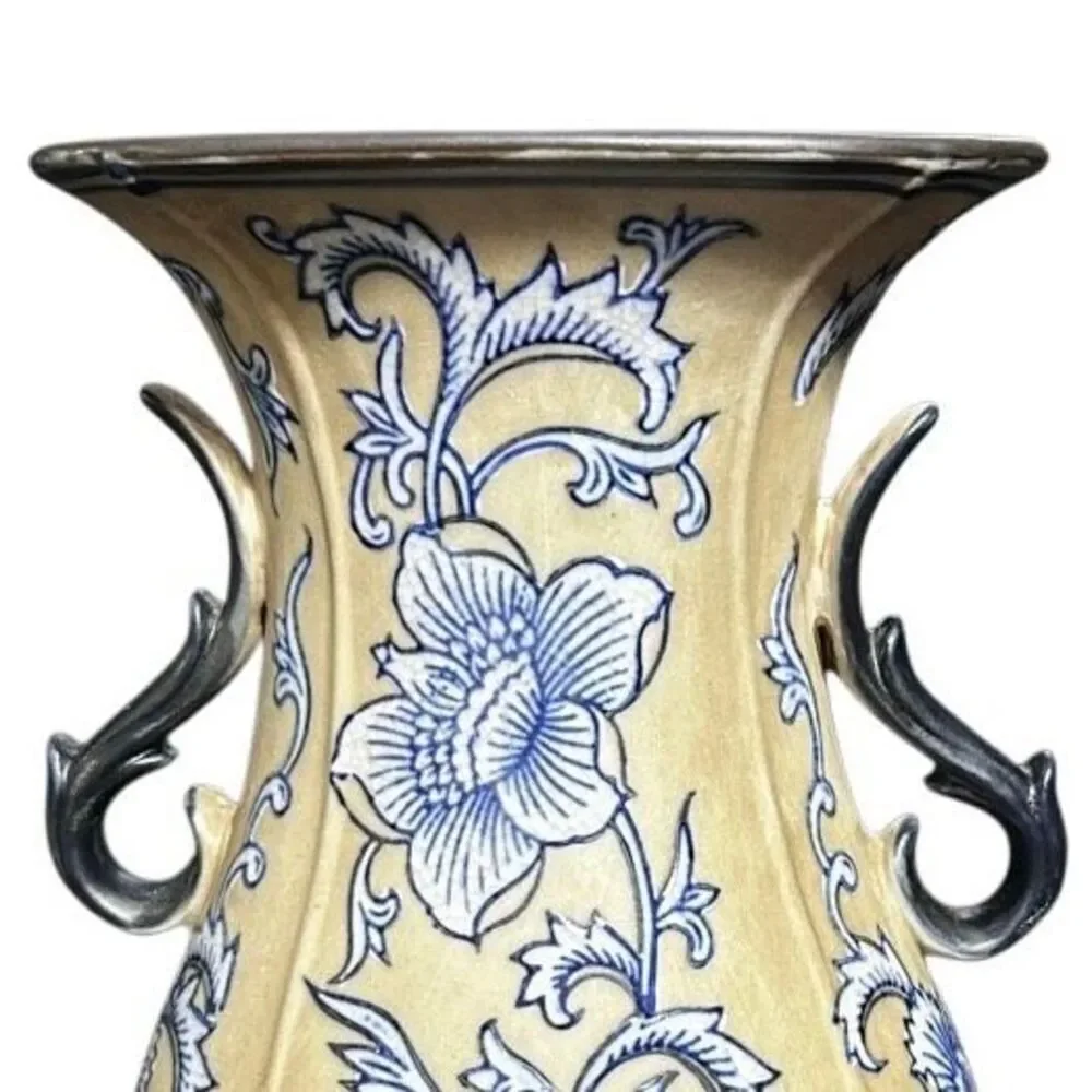 Vintage Formalities By Bauym Bros. Stoneware Vase Medium Blue Tan Floral Ceramic